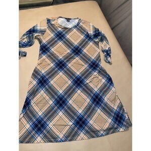 Robert Louis Women's Blue Plaid Long Sleeve Dress L Polyester & Spandex